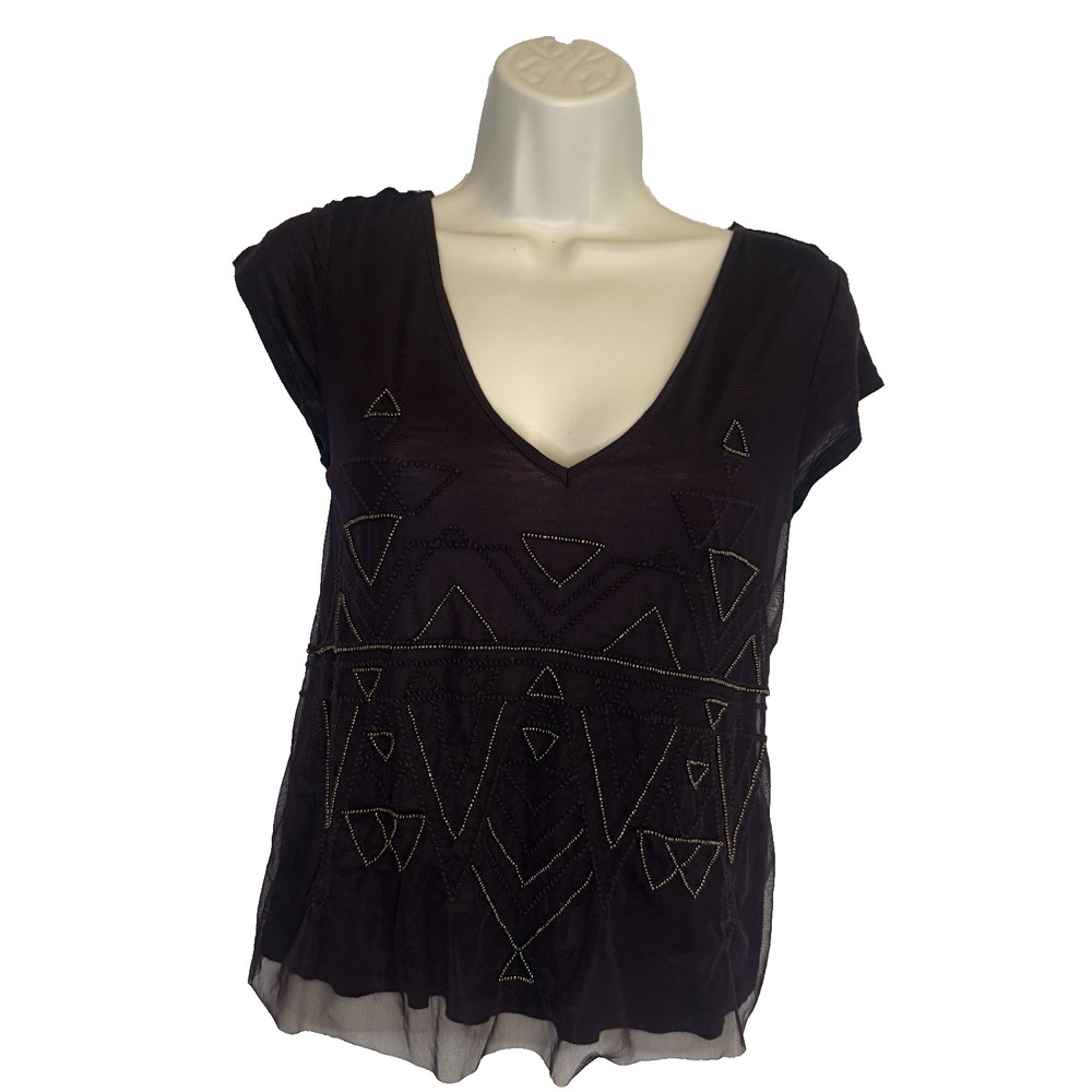 Forever 21 V-Neck Beaded Y2K Top S Lace Festival Boho Retro Chic Stretch Dainty